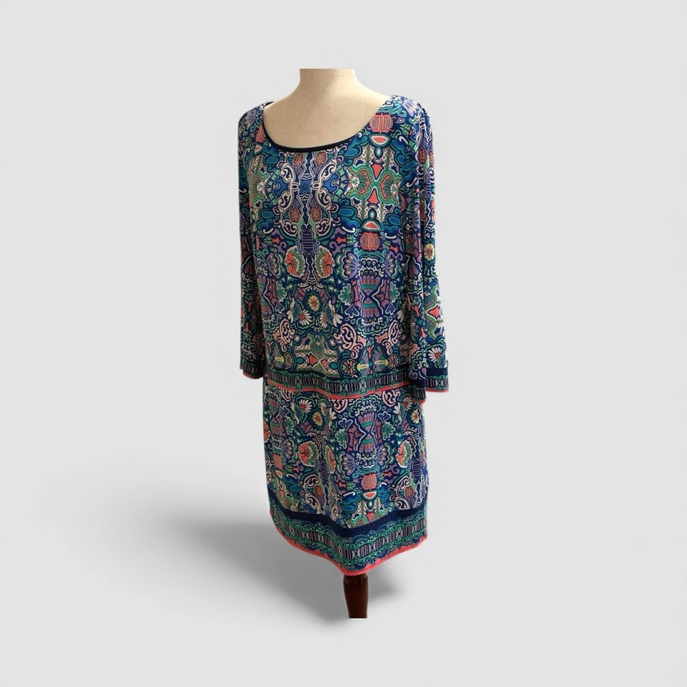 Laundry By Shelli Segal Navy Blue and Multicolour Print Sheath  size Large - Picture 2 of 13